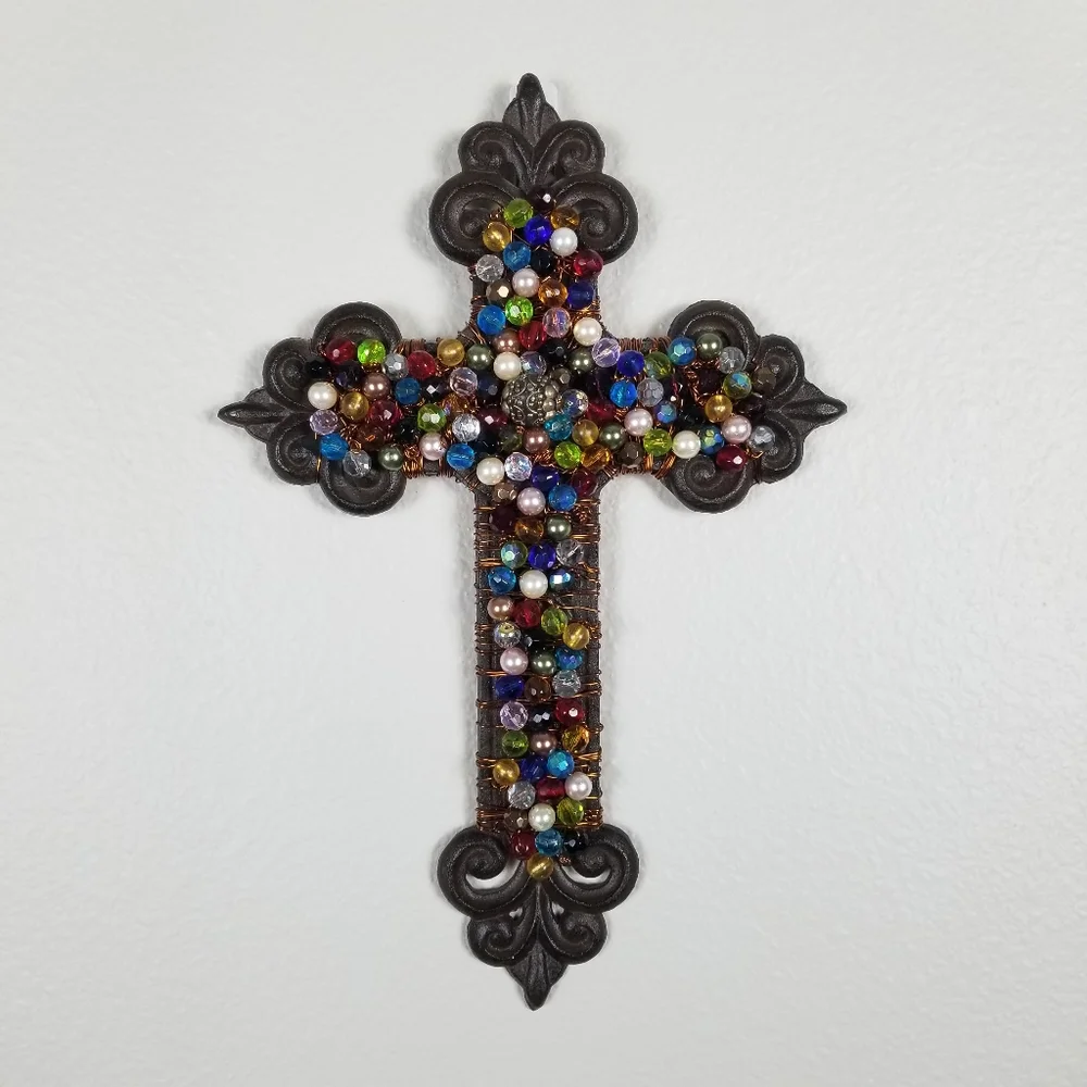 Vintage Metal Multi-Colored Beaded Wire Holiday Art Wall Cross Decoration